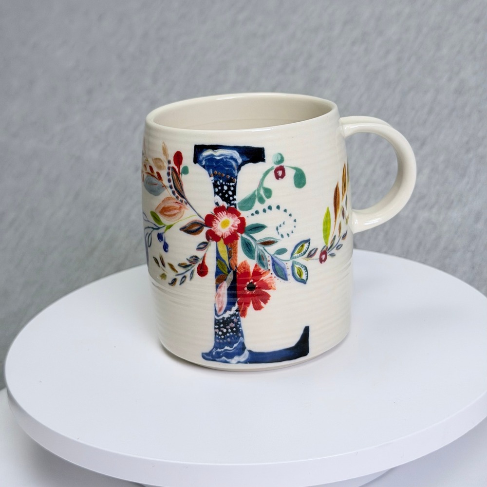 Anthropologie Starla M Halfmann Monogram Mug Letter L Floral Ceramic Coffee Cup